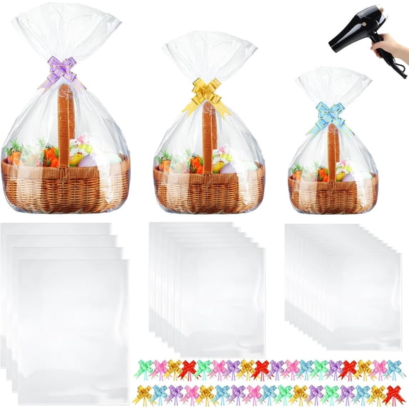 80 Pcs 3 Sizes Shrink Wrap Bags for Gift Baskets 20" x 28" 16" 24" 14" 18" Clear plastic Heat Cellophane and 6 Color Pull Bows easter Christmas Packaging