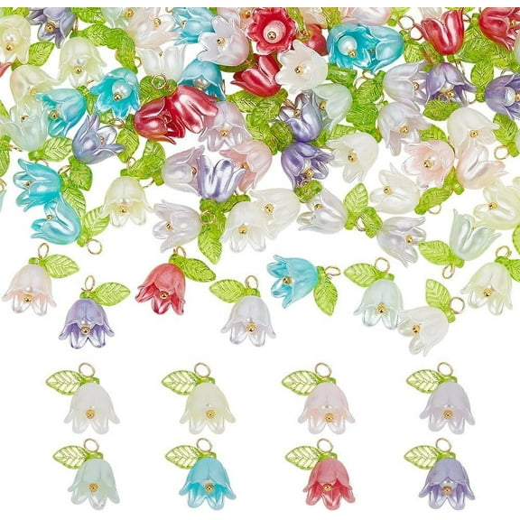 80 Pcs 8 Colors Flower Charms Pendants Colorful Spring Theme Flower Dangle Charm Beads Acrylic Pearl Floral Charms for Women DIY Fresh Style Jewelry Making 2mm Hole for DIY