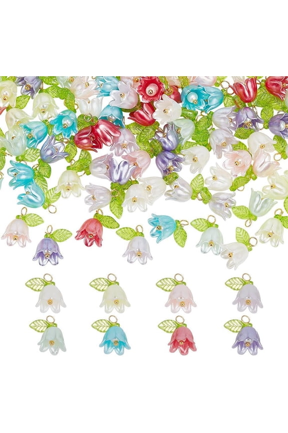 80 Pcs 8 Colors Flower Charms Pendants Colorful Spring Theme Flower Dangle Charm Beads Acrylic Pearl Floral Charms for Women DIY Fresh Style Jewelry Making 2mm Hole for DIY