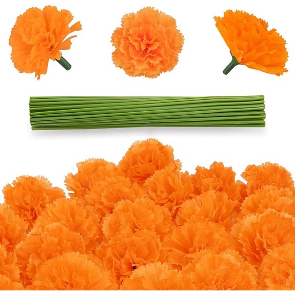 80 Pcs Artificial Marigold Flowers,2" Silk Marigold Flower Heads with Stems,Orange Flowers Artificial for Diwali Decor,Indian Wedding,Home,DIY Wreath Garland,Day of The Dead Decorations