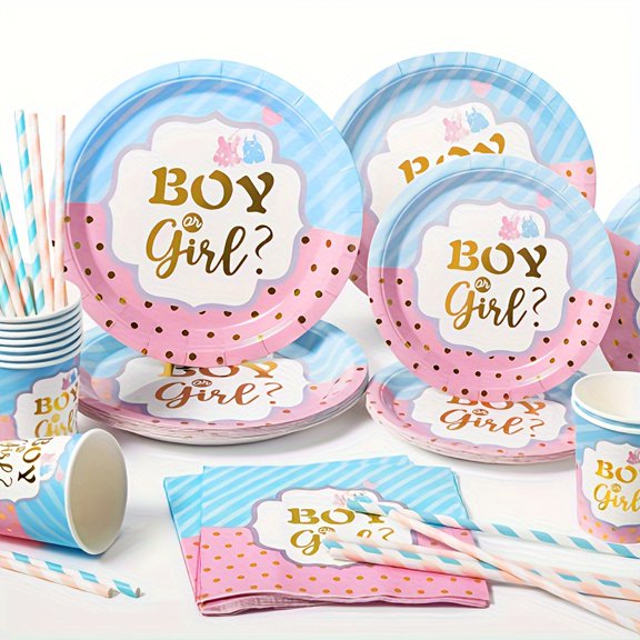 80 Pcs Blue and Pink Party Tableware Set Disposable Plates Cups Napkins Straws Gender Reveal Party Supplies Baby Shower Birthday Decorations for Event Serving 16 Guests Kit