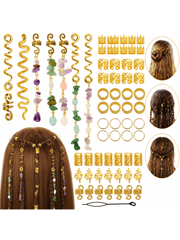80 Pcs Boho Hair Accessories for Women, Adjustable Gold Loc Cuffs, Hair Jewelry, Gems and Charms for Braids, Dreadlocks and Hair Braiding Decoration