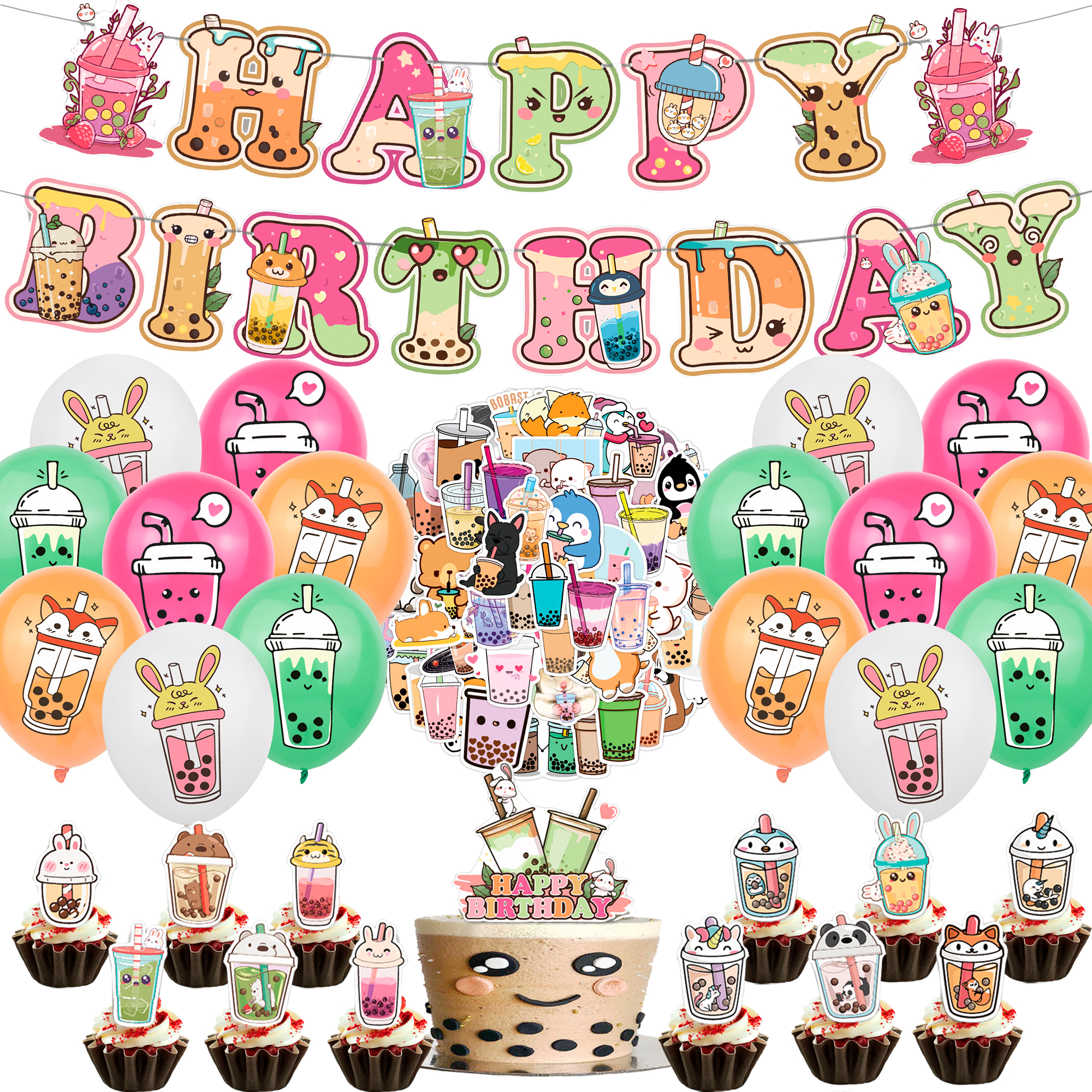 80 Pcs Bubble Tea Birthday Party Decorations, Boba Tea Birthday Party Supplies Favors for Kids