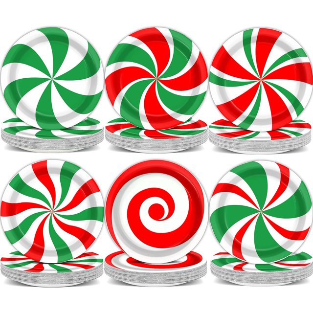 80 Pcs Christmas Peppermint Candy Paper Plates 9 Inch Xmas Candy Mint