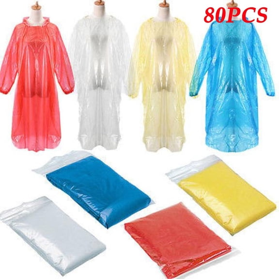 80 Pcs Disposable Emergency Rain Coats for Adults Hiking Hood Portable Waterproof Ponchos Bulk Pack for Outdoor Camping Travel Theme Parks and Sudden Storms Safe