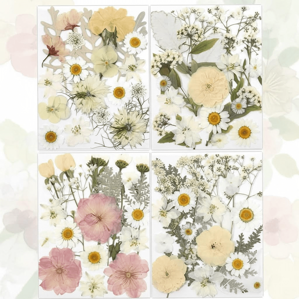 80 Pcs Dried Flowers for Crafts, Real Natural Pressed Flowers in Soft Yellow, White & Pink for Resin Art, DIY Jewelry, Candle and Soap Making Kit with Tweezers Included