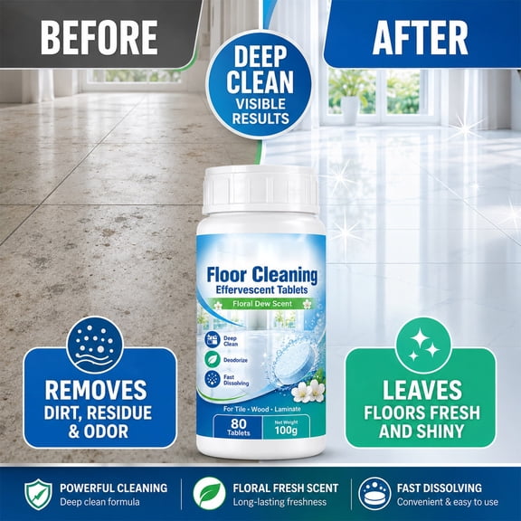 80 Pcs Effervescent Floor Cleaning Tablets, Powerful Grease And Grime Removal, PipeFriendly Formula, Deodorizing Action, Safe For Sealed Tile Laminate Vinyl Hardwood, Easy Storage
