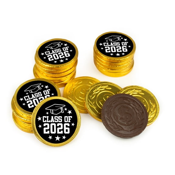 80 Pcs Graduation Candy Party Favors Class of 2026 Chocolate Gold Foiled Stickered Coins (Black)
