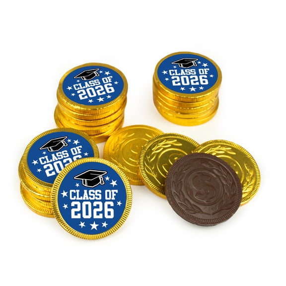 80 Pcs Graduation Candy Party Favors Class of 2026 Chocolate Gold Foiled Stickered Coins (Blue)