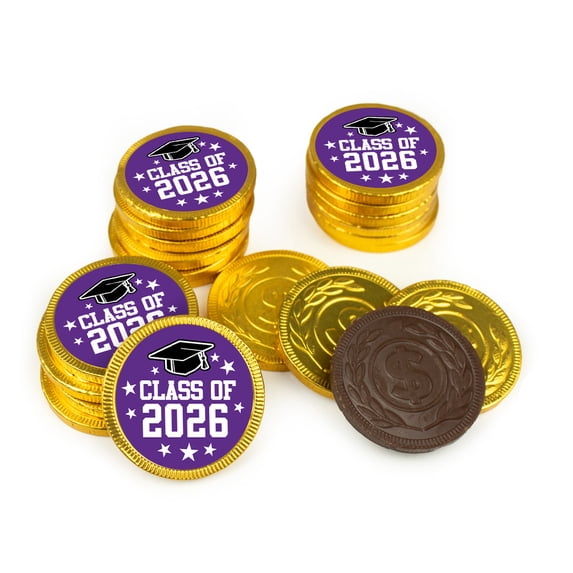 80 Pcs Graduation Candy Party Favors Class of 2026 Chocolate Gold Foiled Stickered Coins (Purple)