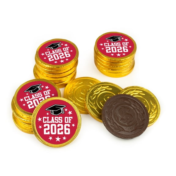 80 Pcs Graduation Candy Party Favors Class of 2026 Chocolate Gold Foiled Stickered Coins (Red)