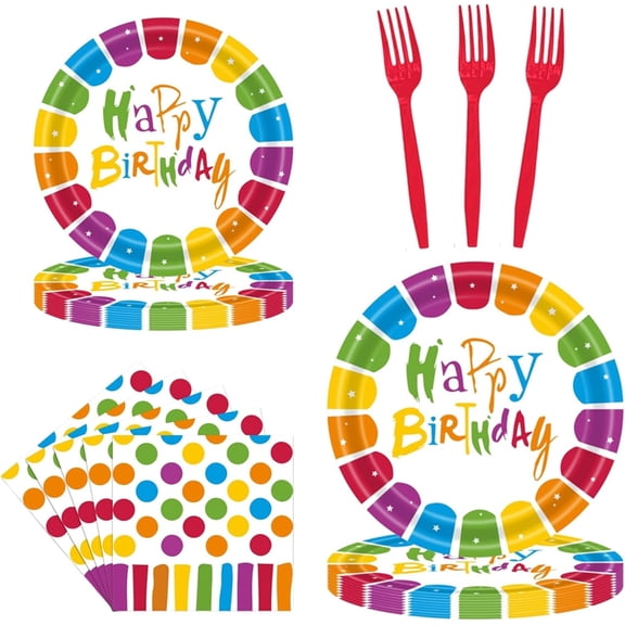 80 Pcs Happy Birthday Paper Plates and Napkins, Rainbow Dot Party Paper Plates Disposable Birthday Party Decorations Tableware Set for Kids Boys Girls, Serves 20 Guests