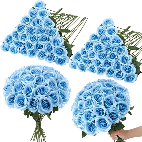 80 Pcs Light Sky Blue Artificial Roses with Long Stems for Wedding Bouquet Home Party Decor