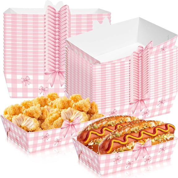 80 Pcs Pink Bow Nacho Food Trays Snack Serving Plates Pink Food Boats Hot Dog Nacho Trays for Coquette Birthday Wedding Anniversaries Party Supplies