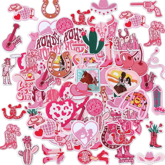 80 Pcs Pink Western Iron on Patches Bulk for Cowgirl Hats Trucker Hat Embroidered on Preppy Trucker Cap Applique Patches for Backpacks Craft Clothing DIY