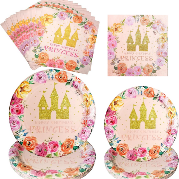 80 Pcs Princess Birthday Party Supplies Princess Birthday Party Plates and Napkins Watercolor Pastel Rainbow Castle Party Decorations for Birthday Fairytale Party Serves 20