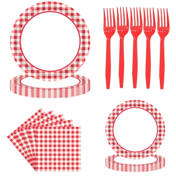 80 Pcs Red and White Gingham Checkered Plaid Party Tableware, Picnic Barbecue Disposable Paper Plates Napkins Forks Birthday Party Decorations Supplies Favors, Serves 20 Guests