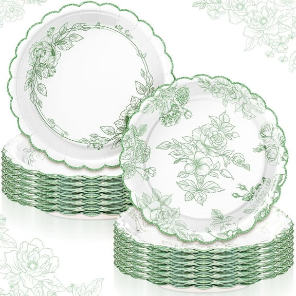 80 Pcs Sage Green Flower Paper Plates 7 Inches Vintage Floral Leaf Disposable Scalloped Wildflower Dessert Plates for Birthday Baby Shower Bridal Tea Party Supplies, 2 Styles