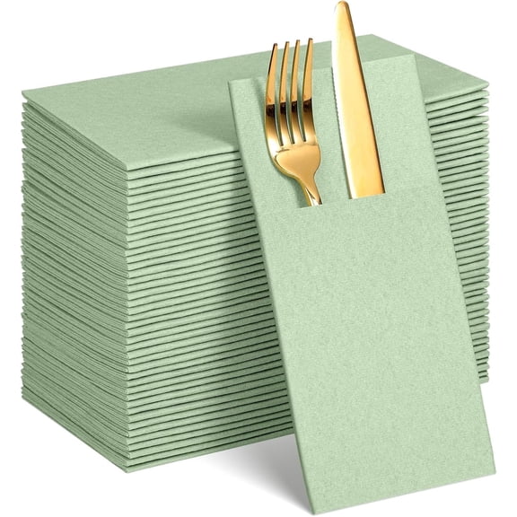 80 Pcs Sage Green Linen-Feel Paper Napkins with Built-in Flatware Pocket for Party
