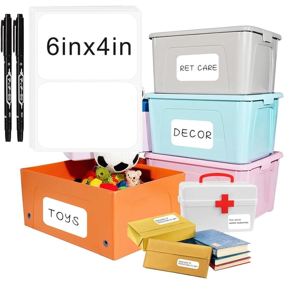 80 Pcs Storage Bin Labels with Marker, Removable No Residue Tear Resistant Matte White Blank Labels, Three Sizes for Home School Business Organization (6inx4in)