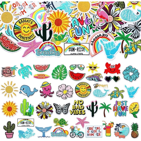 80 Pcs Summer Iron on Patches for Trucker hat Beach Hawaiian Sew on Embroidered Cute Patches Applique Repair DIY Crafts for Clothing Hat Backpacks Shirt Jeans Bag Clothes