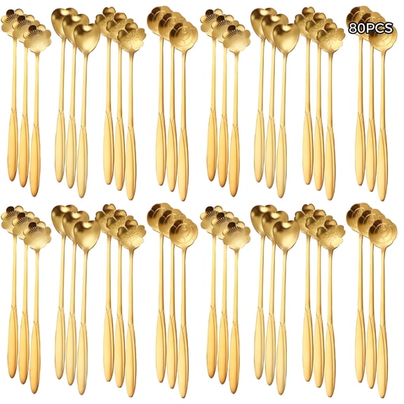 80 Pcs Teaspoons Set, Gold-Plated Cherry Blossom Pattern, Stainless Steel, Short Handle, 4 Distinct Spoon Heads, 10 Packs, For Desserts, Tea, Parties