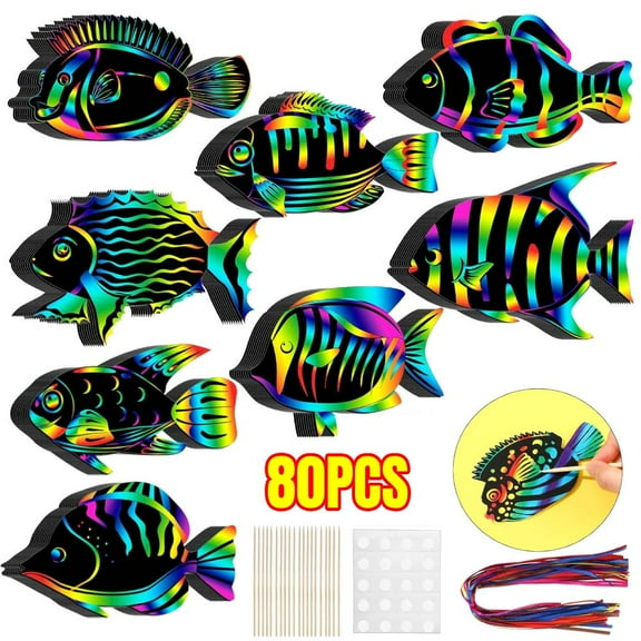 80 Pcs Tropical Fish Scratch Cards Ocean Scratch Crafts with Wooden Pen Under The Sea Party Favors for DIY Crafts Home Decoration Project Rainbow Arts