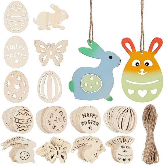 80 Pcs Unfinished Wooden Easter Cutouts, Paintable Hollow Ornaments Eggs Bunny Butterfly Shapes, Hanging Decorations for Crafts