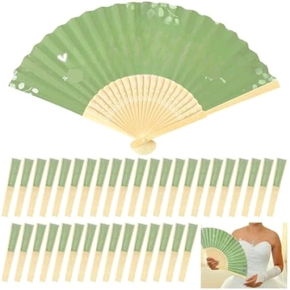 80 Pcs Wedding Fans for Guests Bulk Silk Chinese Wooden Folding Hand Fans Wedding Bridal Shower Favors Sage Vintage Thank You Gift for Bridesmaid, Friends, Family, Dancing Party Supplies