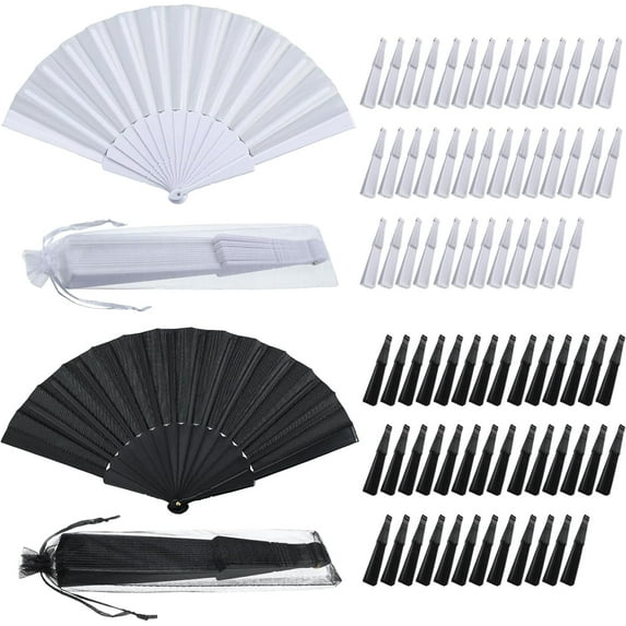 80 Pcs Wedding Folding Hand Fans Bulk Silk Fabric Chinese Handheld Foldable Clack Fans with Plastic Ribs for Party, Wedding Gifts, Line Dancing, Home Decorative (Black,White)