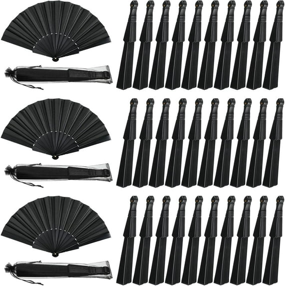 80 Pcs Wedding Folding Hand Fans Bulk Silk Fabric Chinese Handheld Foldable Clack Fans with Plastic Ribs for Party, Wedding Gifts, Line Dancing, Home Decorative (Black)
