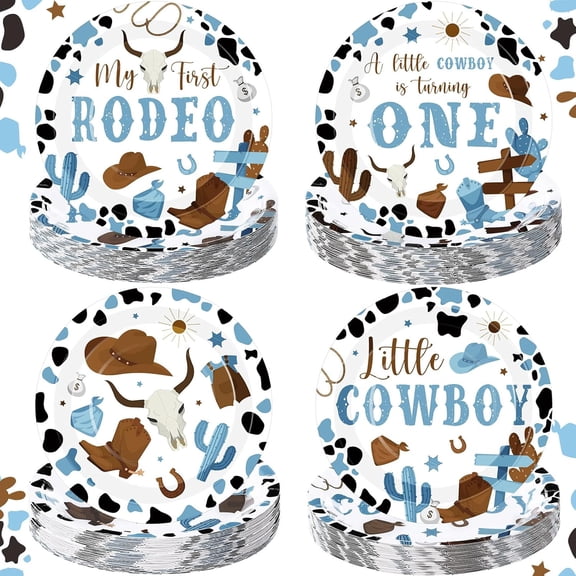 80 Pcs Western Cowboy Party Decorations My First Rodeo Birthday Paper Plates Western Blue Cowboy Birthday Party Supplies Wild West Rodeo Baby Table Decoration for Boy Baby Shower