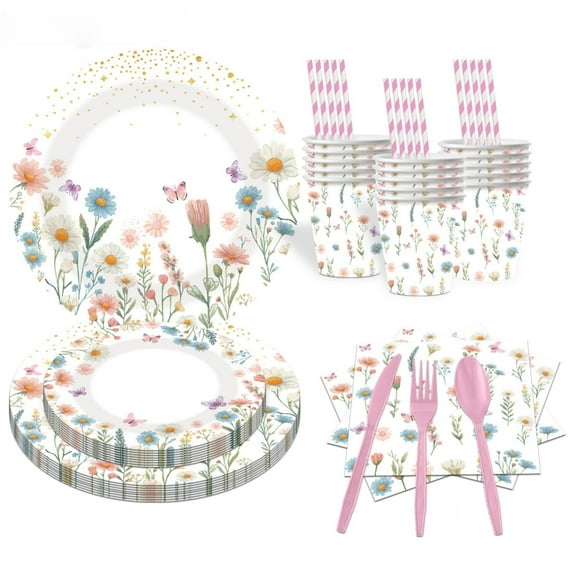 80 Pcs Wildflower Paper Plates,Knife and Fork,Cups and Napkins Party Supplies Wildflower Party Decorations Floral Wildflower Disposable Plates Set for Summer Spring Birthday Baby Shower Wedding