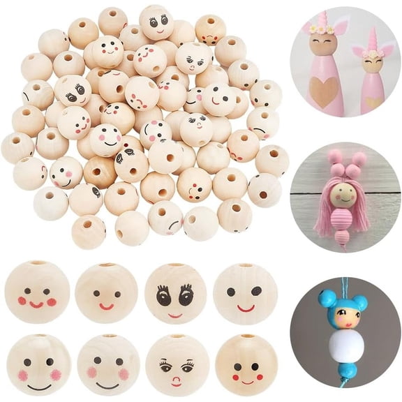 80 Pcs Wood Face Beads 8 Styles Assorted Face Pattern Round Wooden Beads with Blush Big Hole Beads Painted Beads Head Beads for DIY Craft Bracelet Necklace Jewelry Making colorful