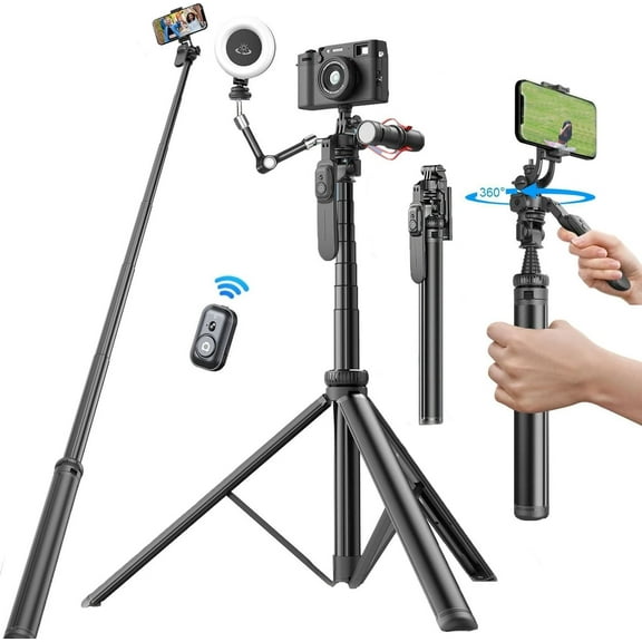 80" Phone Tripod & Selfie Stick - All in One Extendable Tall Cell Phone Tripod for iPhone with Remote and Cold Shoe Mount, 360 Rotation Tripods iPhone Stand Camera Holder for Video Recording