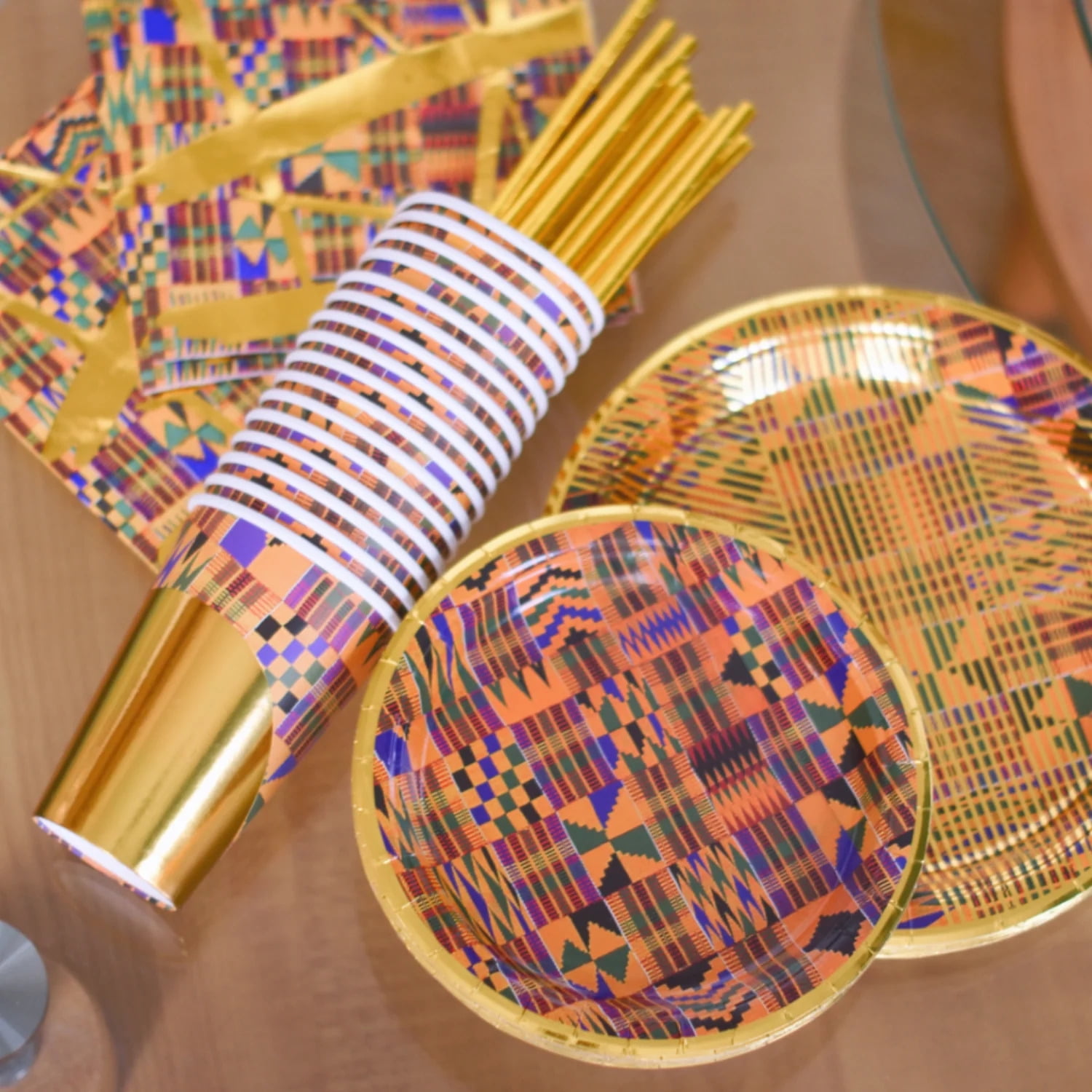 80 Piece, Metallic, African Kente Print Party Set Kente print dinner plates, dessert plates