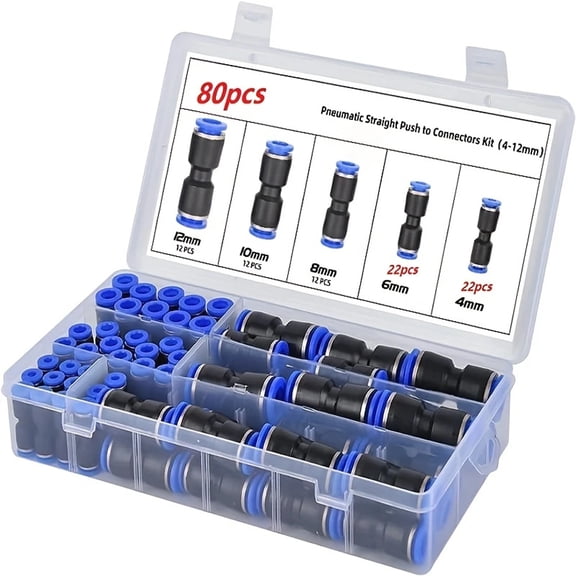 80-Piece Pneumatic Push in Fittings Kit, 4mm-12mm OD Multi-Shape Air Hose Connectors Assortment