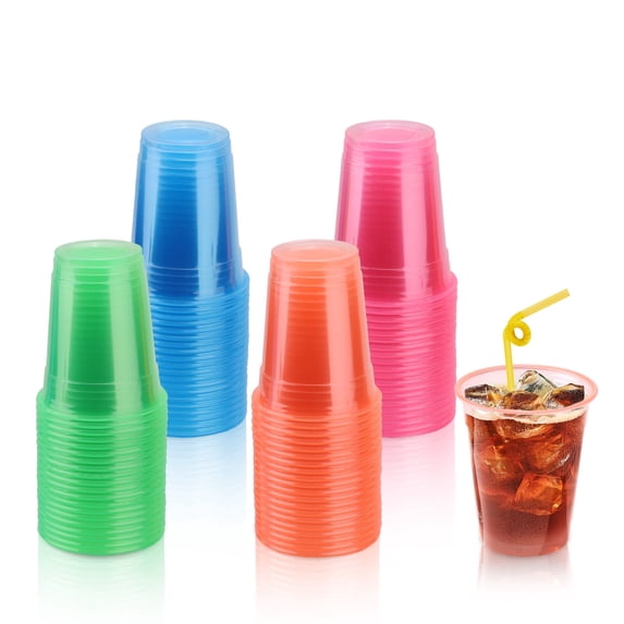80 Pieces 12 Oz Plastic Neon Cups for Party, Colored Glow in The Dark Cups, Colorful Plastic Glowing Party Tumbler for Drinks Cocktails Weddings Birthdays (Orange, Pink, Green, Blue)