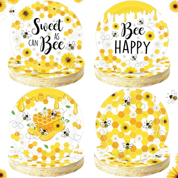 80 Pieces Honey Bee Paper Plates 7 Inch Bee Baby Shower Desert Plates, 7 Inch Honey Theme Day Birthday Party Tableware Decoration for Baby Shower Gender Reveal Party Supplies