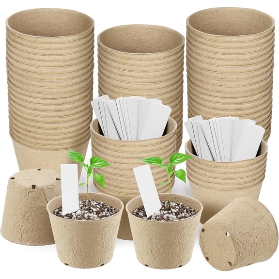 80 Pieces Peat Pots Seed Starters 4 Inch Peat Pots Round Biodegradable Seed Starting Pot with 80 Plant Labels, Planter Nursery Pot with Drainage Holes for Vegetable Seeds
