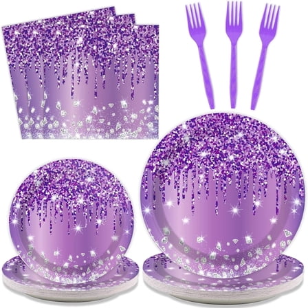 80 Pieces Purple Tableware Set for Birthday Table Decorations, Purple Silver Theme Dessert Plates Napkins Forks for 20 Guests Girls Women Birthday Party Supplies