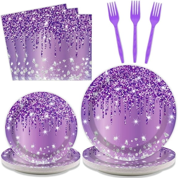 80 Pieces Purple Tableware Set for Birthday Table Decorations, Purple Silver Theme Dessert Plates Napkins Forks for 20 Guests Girls Women Birthday Party Supplies