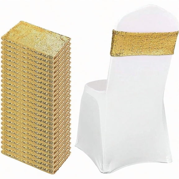 80 Pieces Sequin Chair Sashes Spandex Glitter Band Shiny OneSided Sequins Decor Stretchy Sash For Wedding Hotel Reception Party Banquet Chairs Decorations Gold White