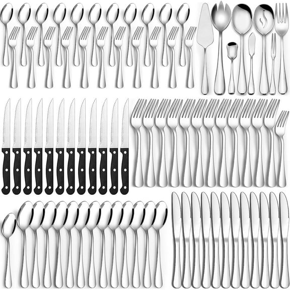 80 Pieces Silverware Set with Serving Utensils Set,  Stainless Steel Flatware Set for 12 with Steak Knives, Heavy Duty Cutlery Set, Kitchen Utensil Sets for Home Restaurant, Dishwasher Safe