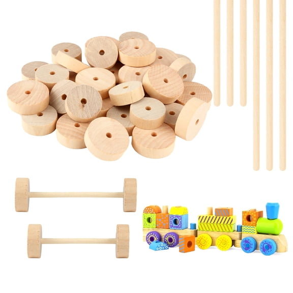 80 Pieces Unfinished Wooden Wheel, 2.8 cm and 3.5 cm Unfinished Wooden Wheels, Round Wooden Craft Wheels with Wooden Sticks, Wooden Wheels with 0.5 cm Holes for DIY Crafts Painting and Model