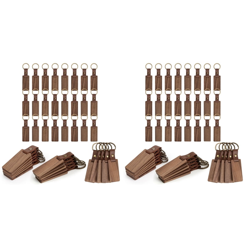 80 Pieces Wood Keychain Blanks with Leather Straps, Blank Leather Keychains for Engraving, for DIY Various Key Tags