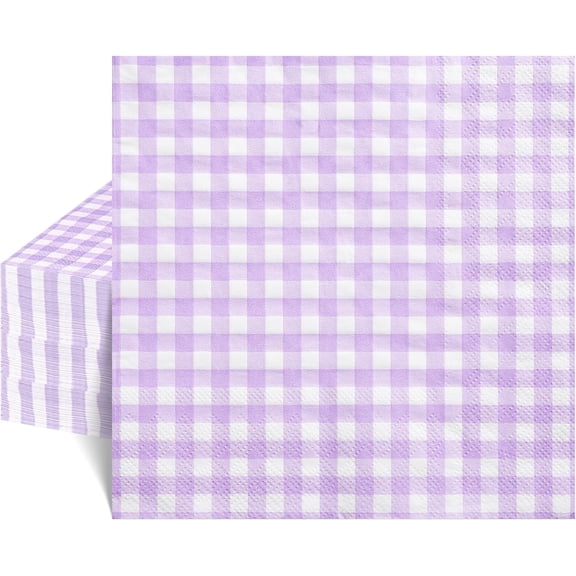 80 Pk Gingham Napkins Purple Napkins Lavender Disposable, 6.5"