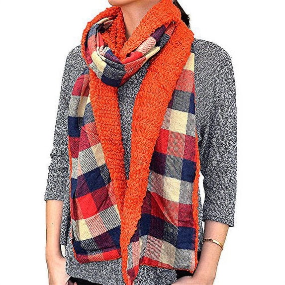 80" Plaids & Checks Cable Ruffle Double Layer Scarf (Rust)