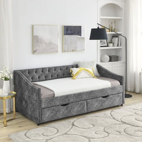 80" Plush Fabric Deep Seat Loveseat Chaise Lounge, Loveseat Sleeper with Storage Drawers, Plush Loveseat Chaise Lounge Indoor with Button Tufted for Living Spaces, Grey
