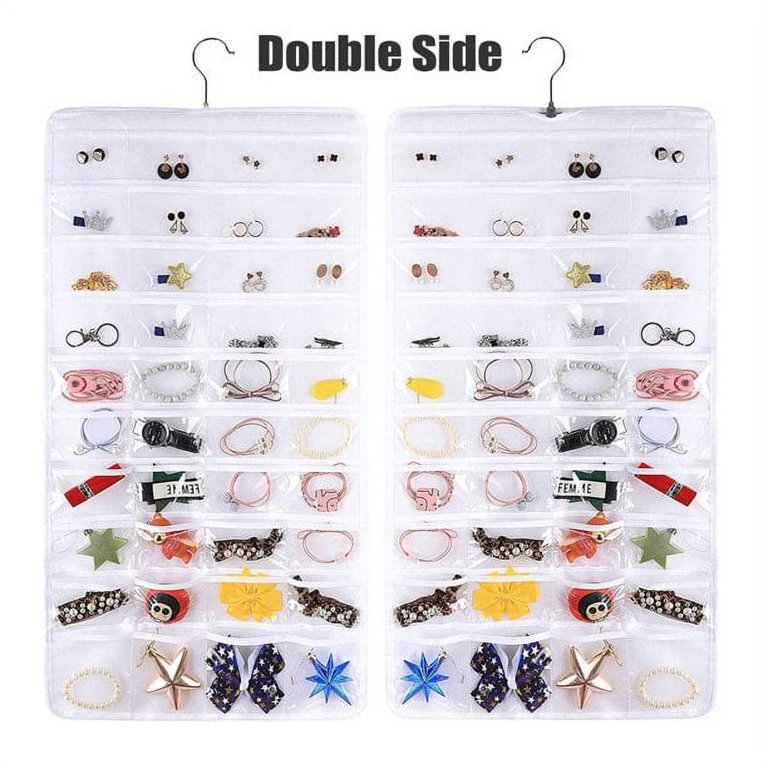 Adifare Hanging Jewelry Organizer Double Sided Necklace Storage Holder with 80 Clear Pockets